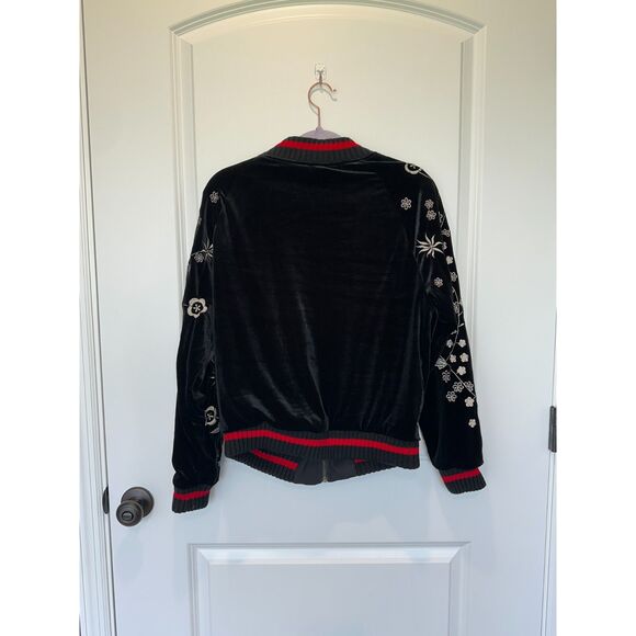 Miss Me Velour Embroidered Bomber Jacket Black with red trim Size Small - Picture 2 of 11